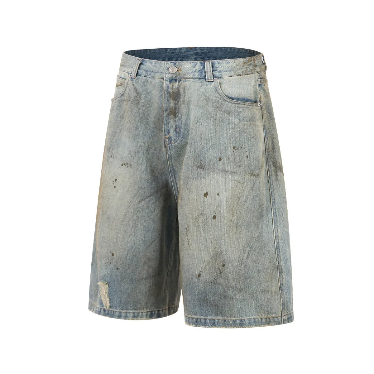 Washed blue cropped denim jeans with straight-leg cut and zip fly front