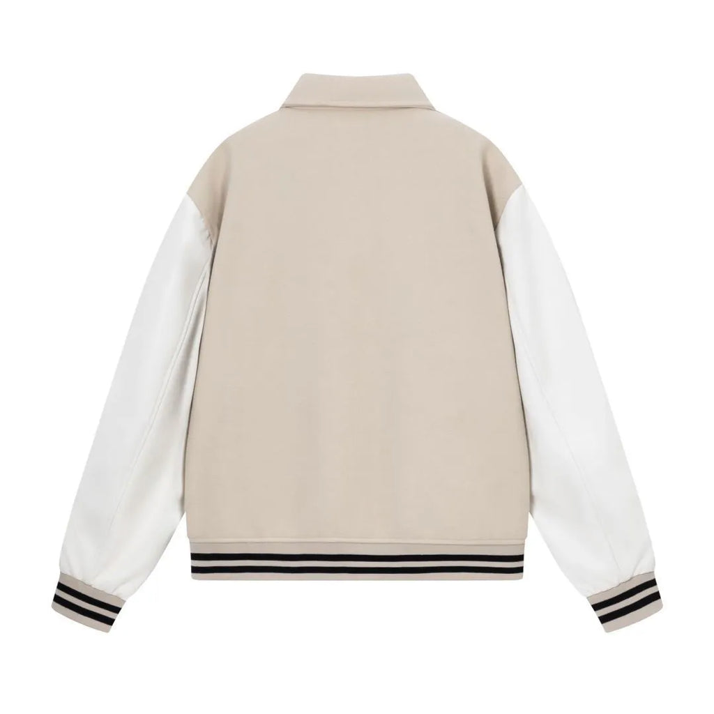 Women's apricot bomber jacket with bone embroidery on sleeves and ribbed cotton blend collar