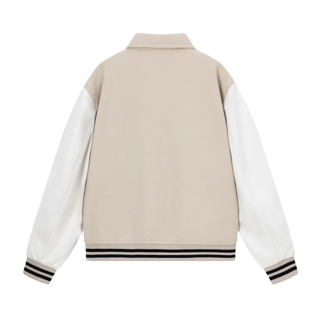 Women's apricot bomber jacket with bone embroidery on sleeves and ribbed cotton blend collar