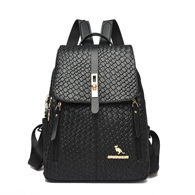 Women's large capacity waterproof PU backpack in black, medium hardness, for travel and work