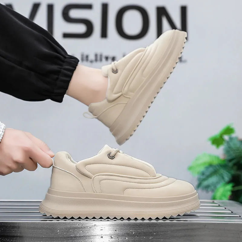Matte cowhide leather casual shoes for men and women with a low heel, shown in khaki apricot colour.