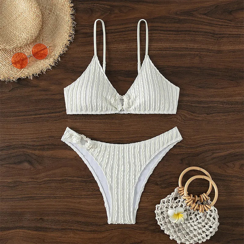 White women's V-neck sleeveless swimsuit with separate shorts for beach swimming
