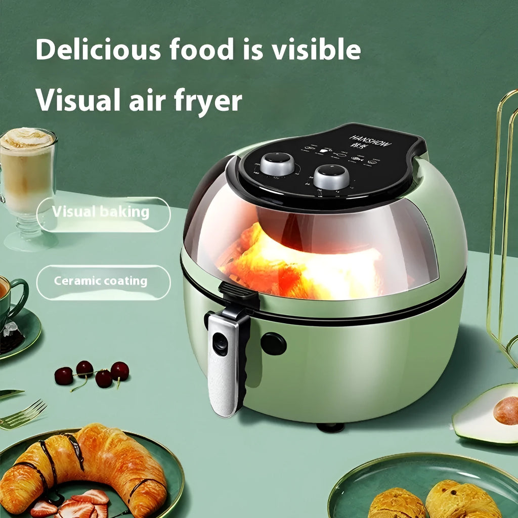 Large 8-litre capacity air fryer oven with mechanical dial controls and a removable nano-ceramic coated cooking pot