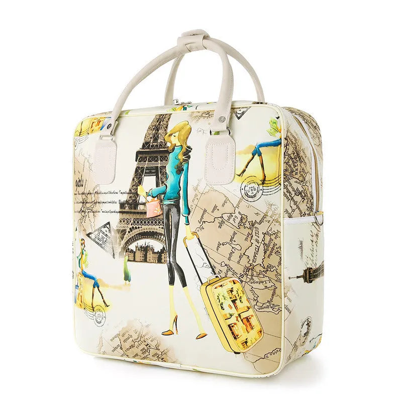 Medium square purple and pink cartoon style PU leather travel bag with a soft handle and outer pockets.