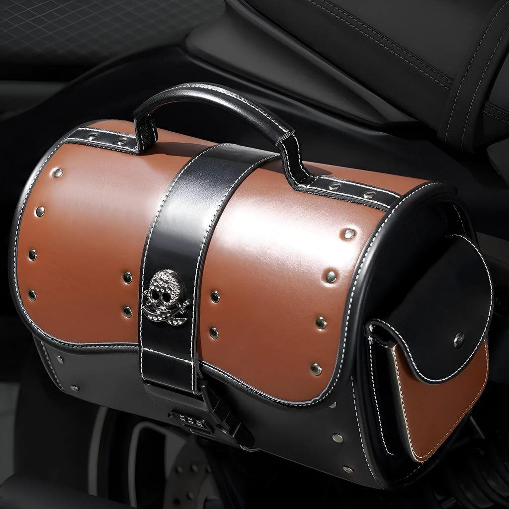 PU leather motorcycle front bag with colour contrast patchwork design, model FBG397BK.