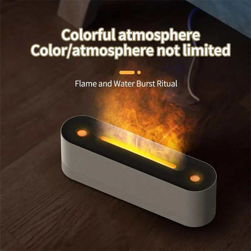 Flame air humidifier diffuser with LED lights showing flame effect, black colour, USB cable