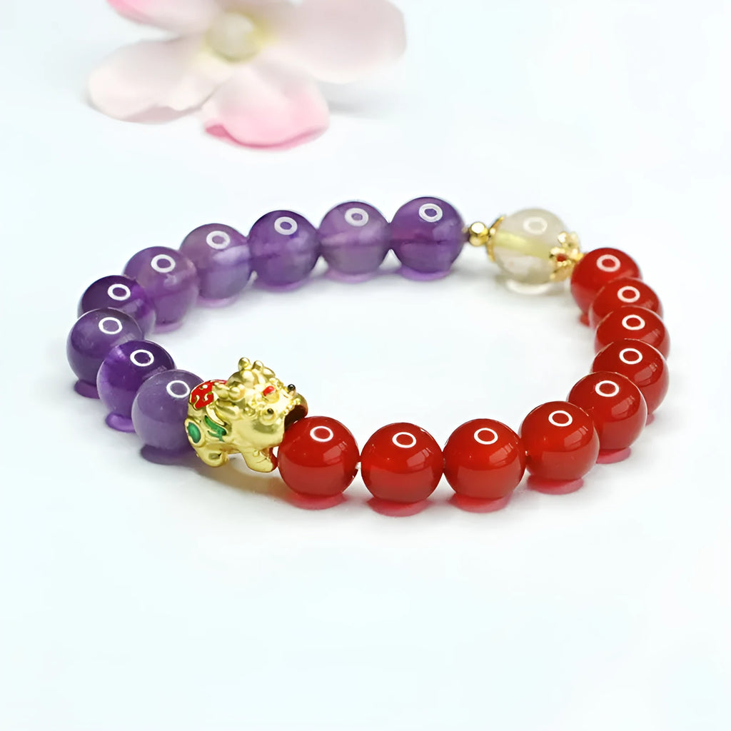 Chinese style bracelet with purple amethyst and red agate 8mm round beads for women