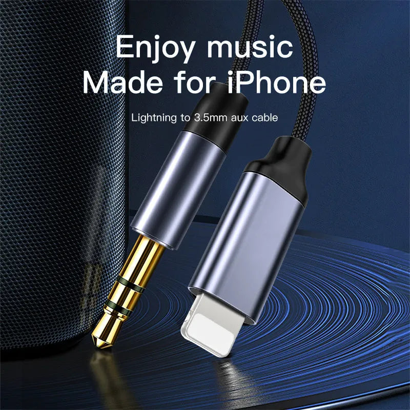Black and silver nylon-braided 3.5mm audio auxiliary cable with metal connectors.