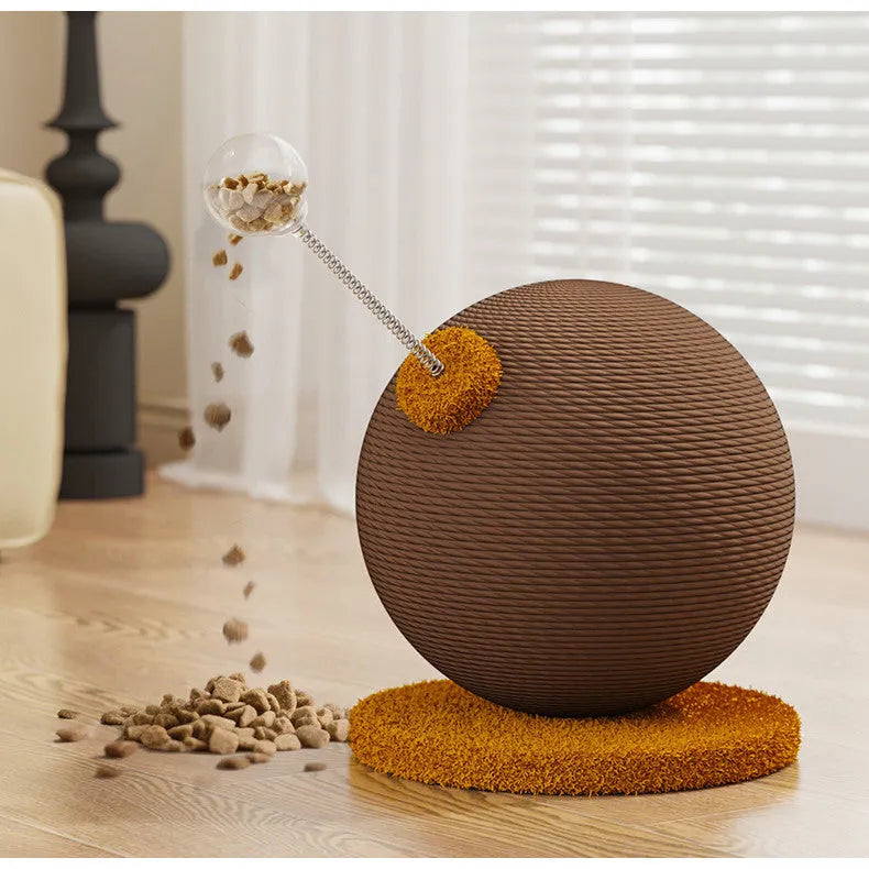 Natural hemp rope cat scratch board with attached toy ball on a wooden floor.