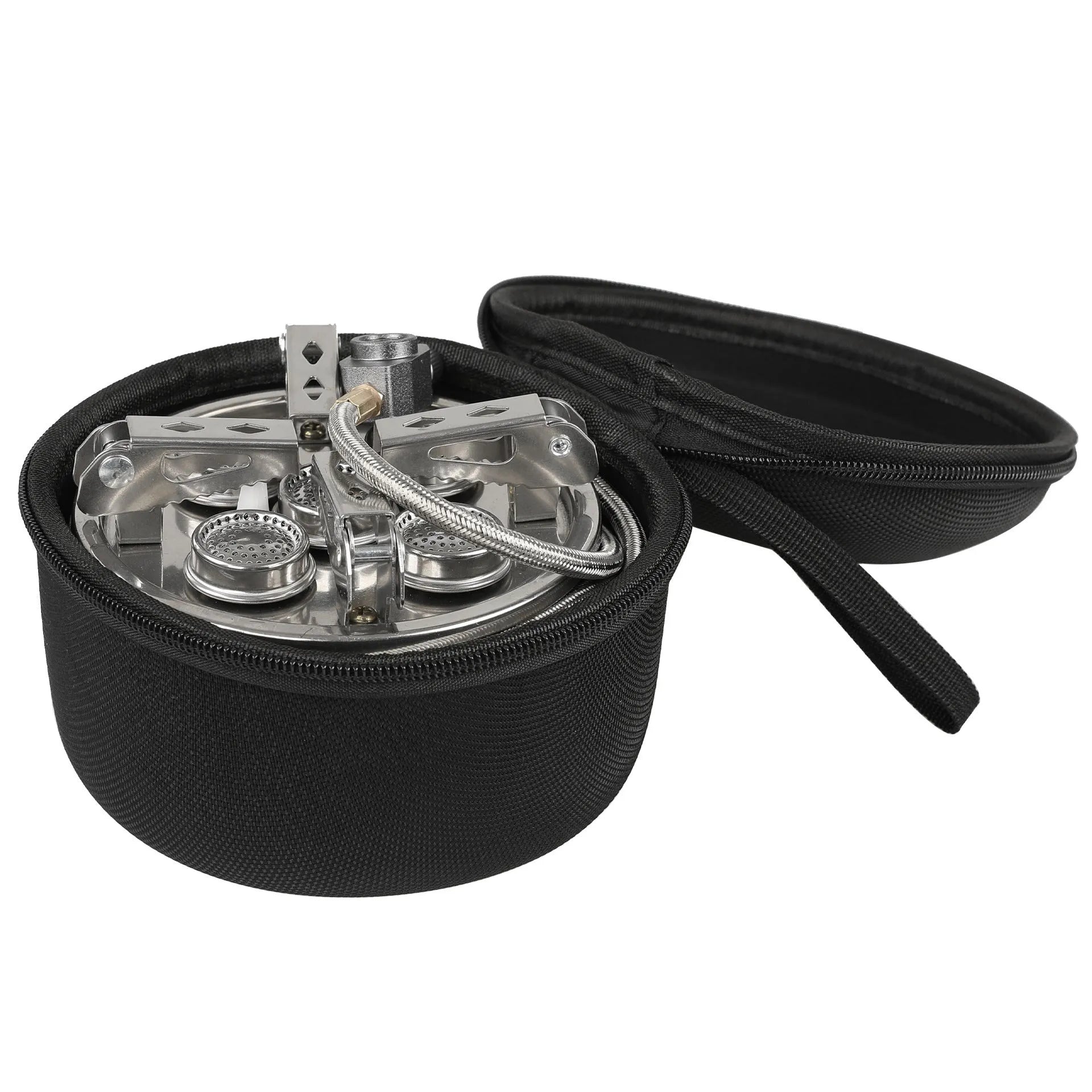 Silver stainless steel split camping stove with folded legs and a coiled 100cm fuel hose, shown next to a ruler showing 155mm length.