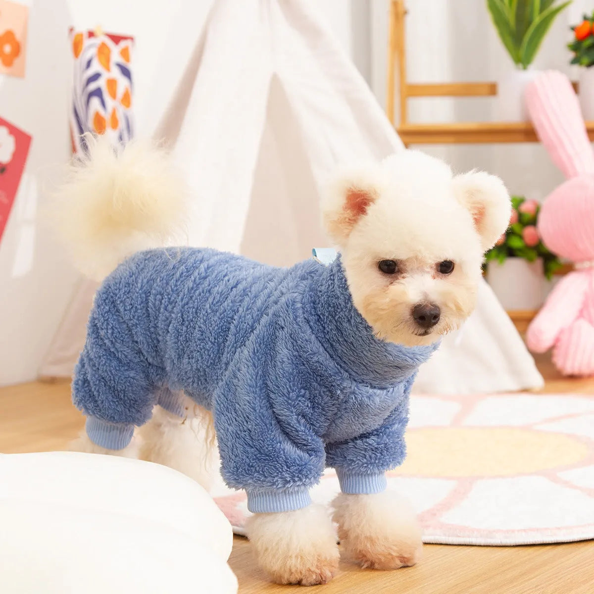 Four-legged dog coat in blue double-sided thick plush with high collar and towing ring