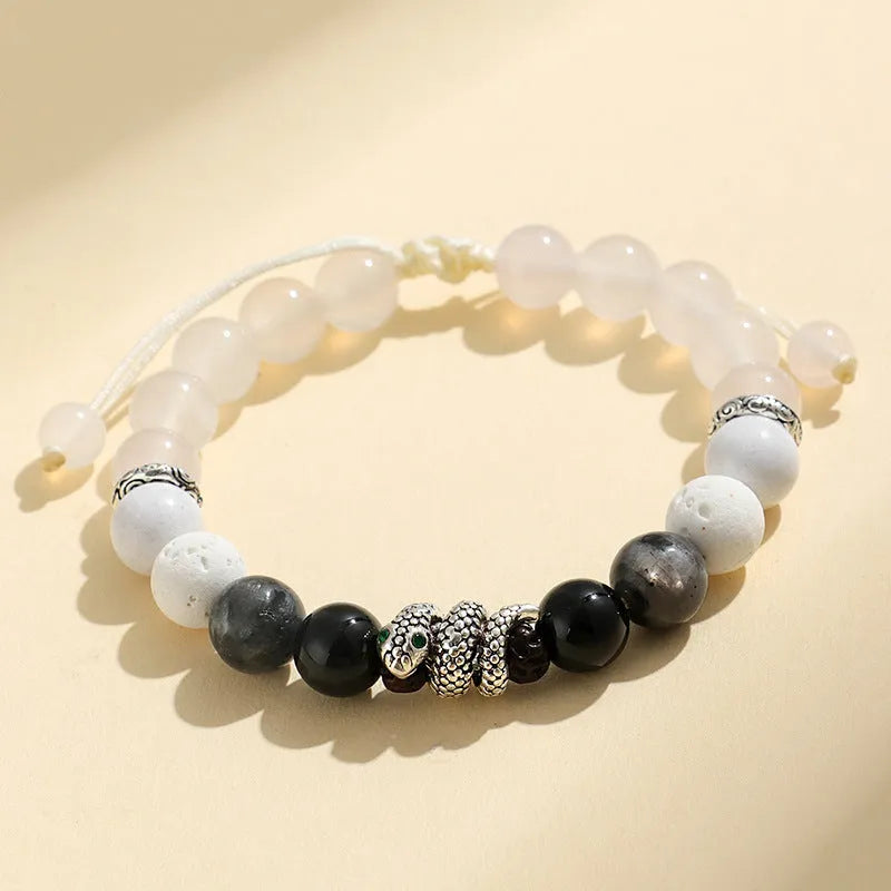 Handmade adjustable agate couple bracelet in black or white with turquoise accents and snake chain