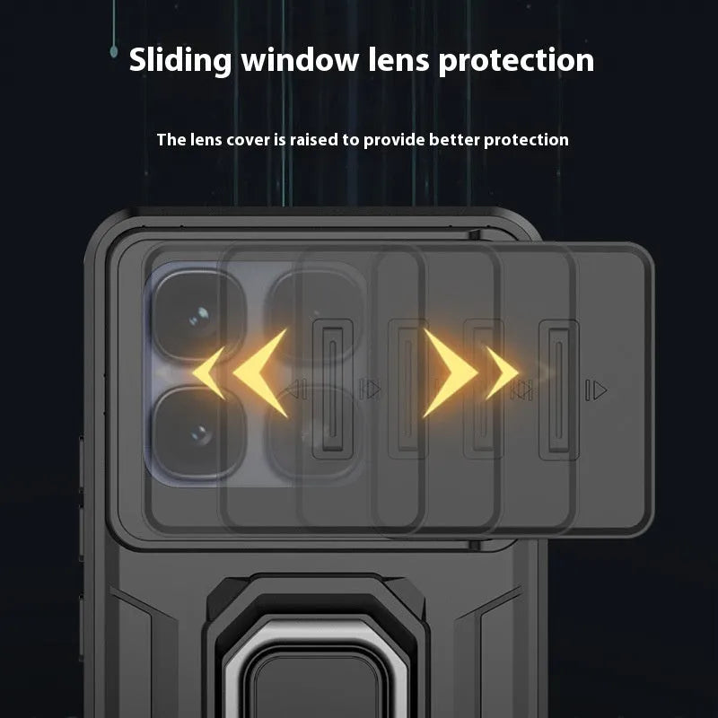 Redmi K70 Extreme Edition phone case with sliding window lens and magnetic bracket in cool black