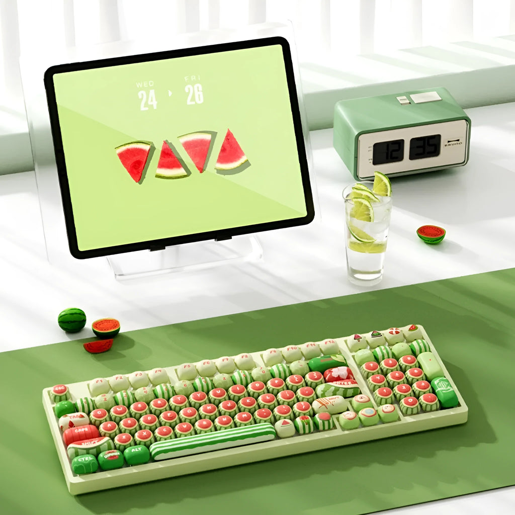 Set of 138 PBT mechanical keyboard key caps with watermelon theme design and mushroom MOG height profile