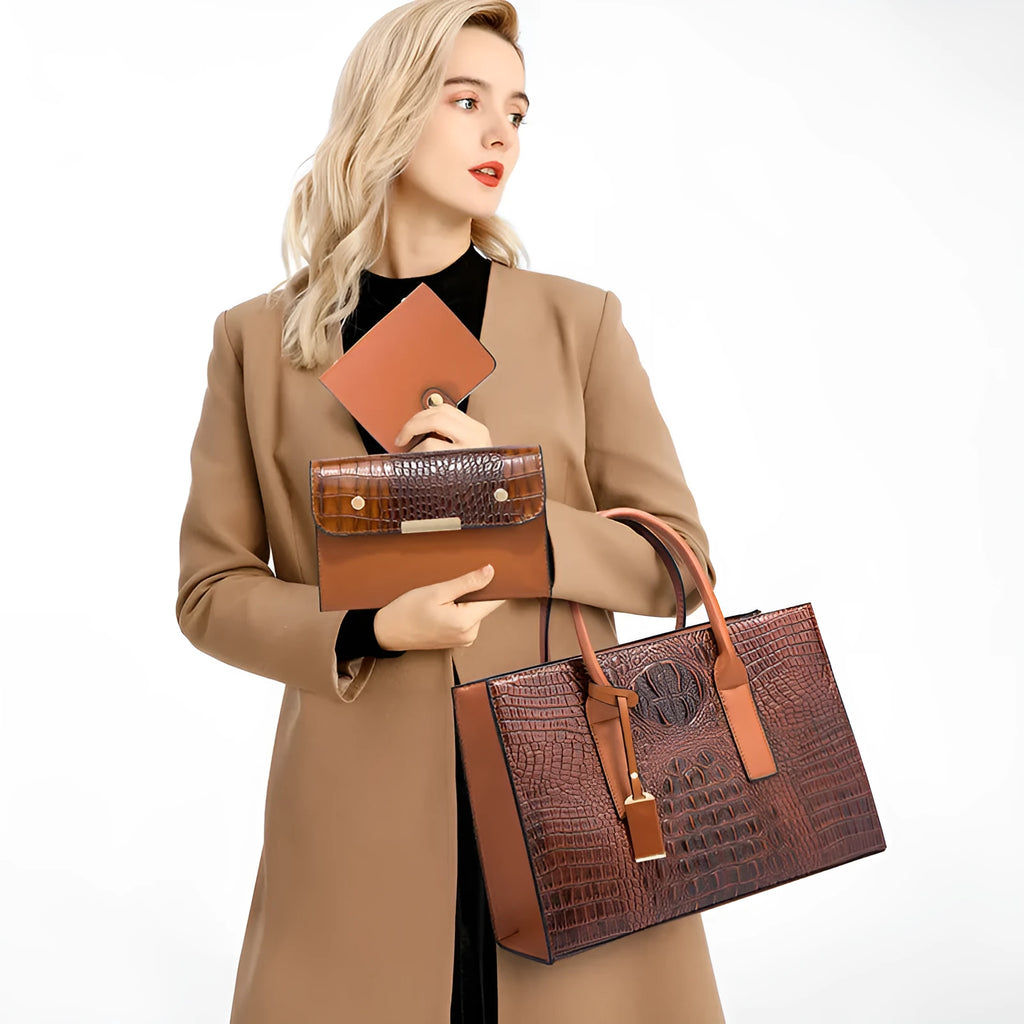 Women's three-piece PU leather handbag set with crocodile pattern in horizontal square design