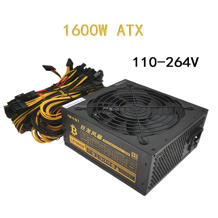 Black high-wattage computer server power supply unit with multiple cable connectors.
