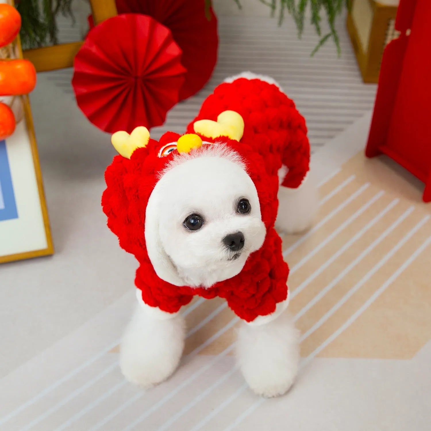 Red cartoon dragon fluffy jacket for small pets with double-sided velvet polyester construction
