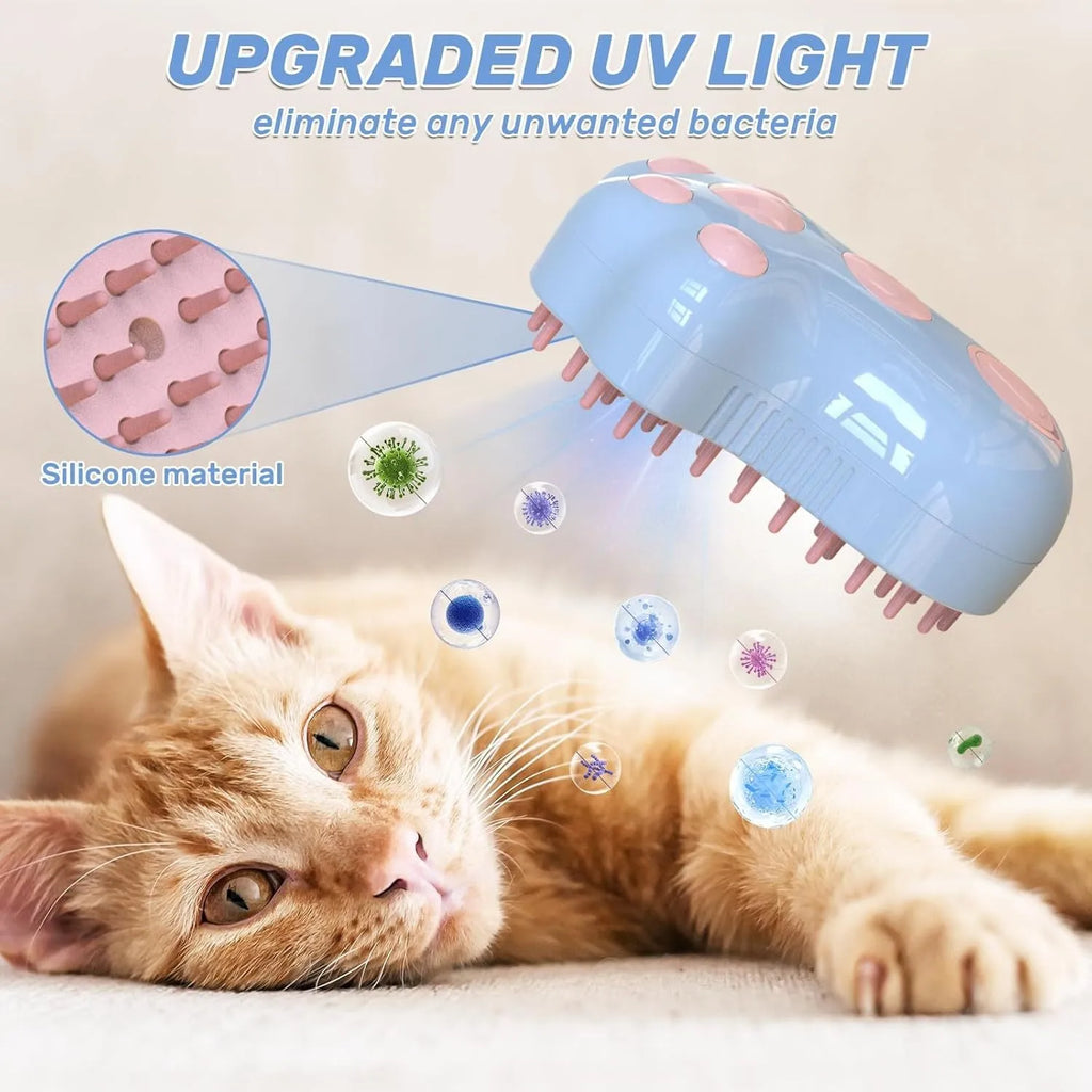 Self-cleaning cat steam grooming brush with silicone bristles and blue light on a pink background