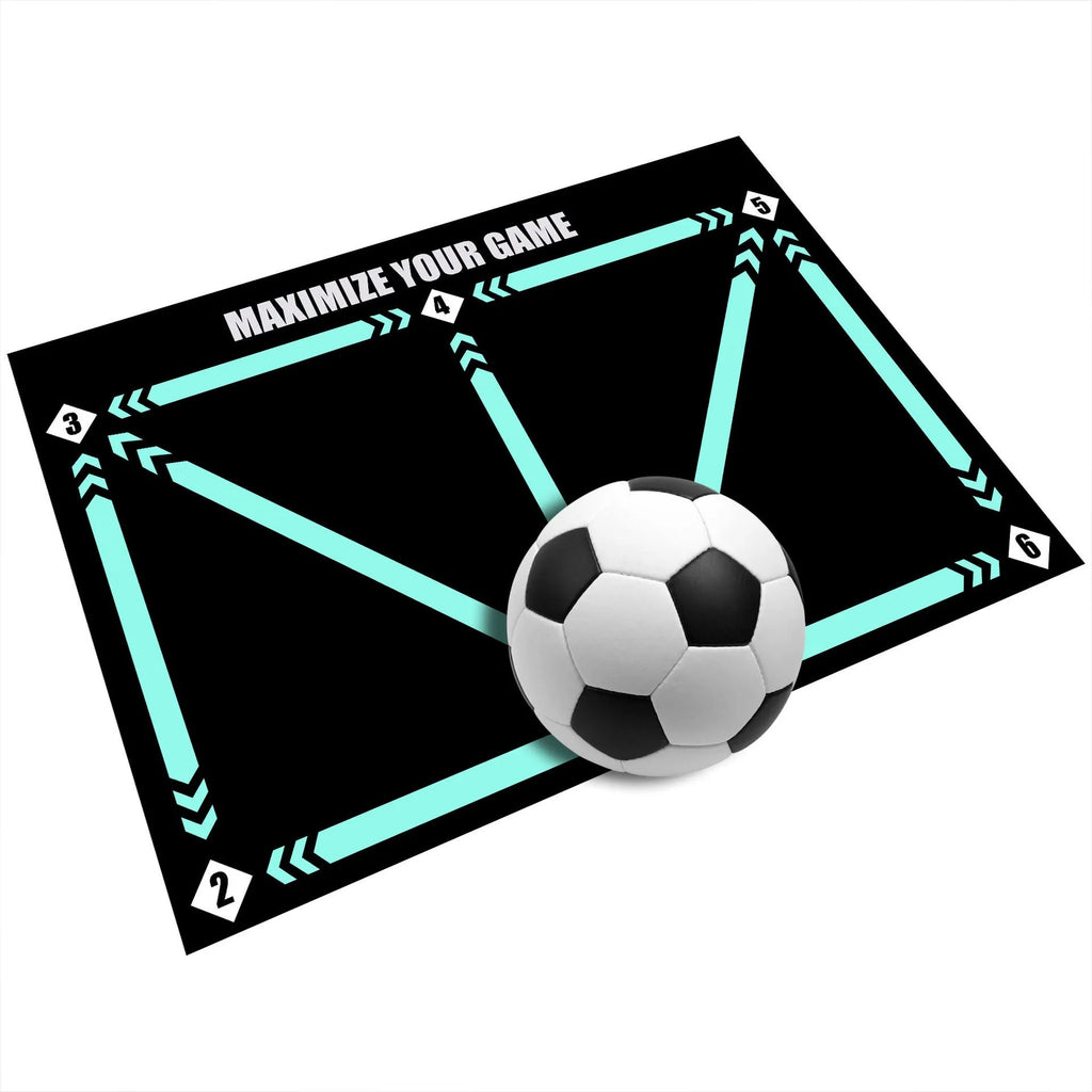 Black non-slip football training mat measuring 60cm by 90cm on a flat surface