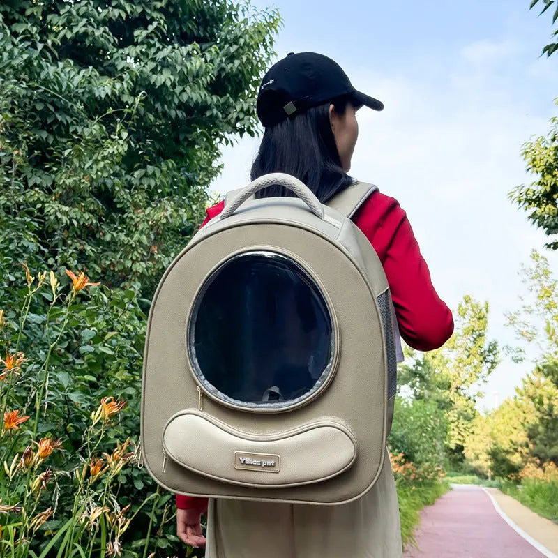 Breathable pet backpack large capacity space capsule in green solid colour polyester material