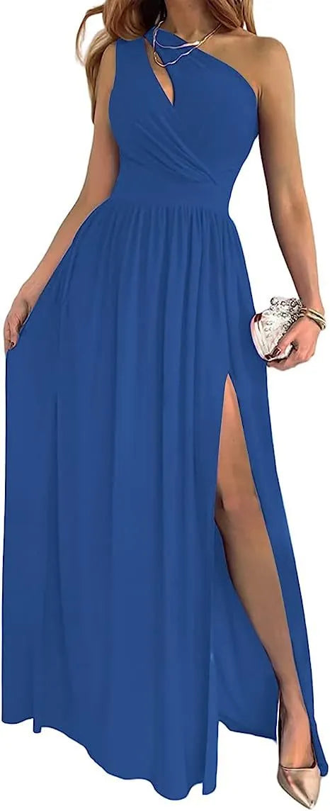Women's apricot one shoulder cocktail maxi dress with high thigh split, shown on model.