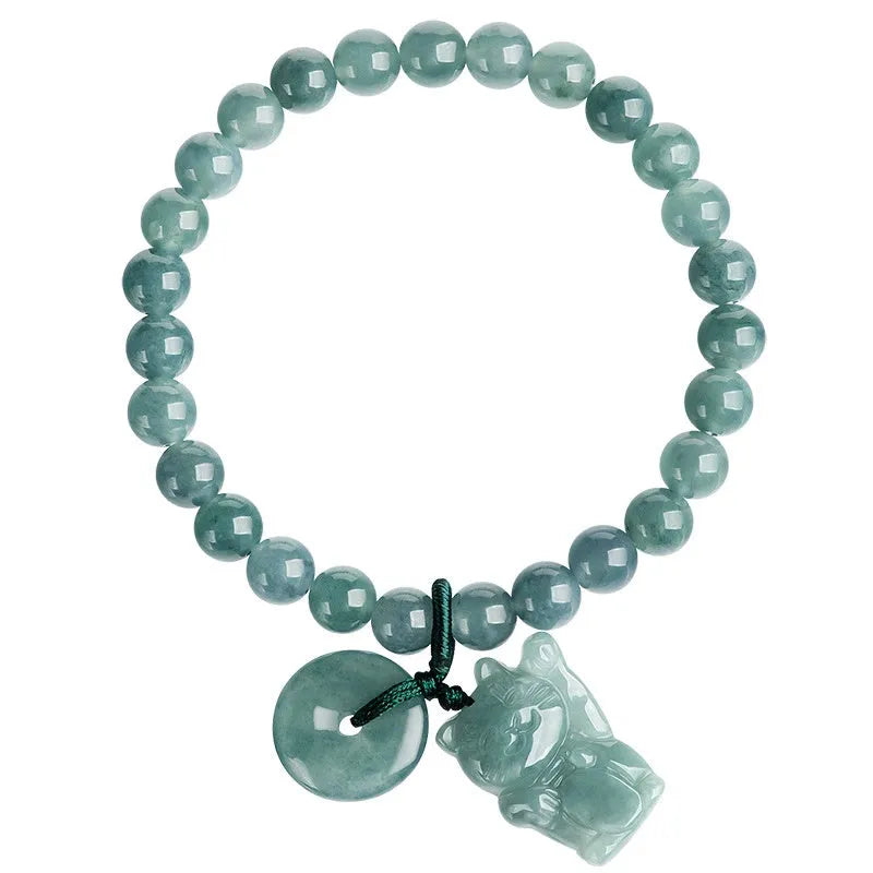 Emerald bead bracelet with blue lucky cat charm, hand woven for 14-16cm wrists