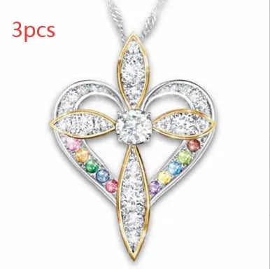 Alloy heart shaped cross pendant necklace on adjustable clavicle chain, unisex style, electroplated finish