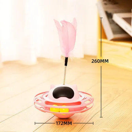 Pink cat toy tumbler turntable with self-spinning stick on 10cm base