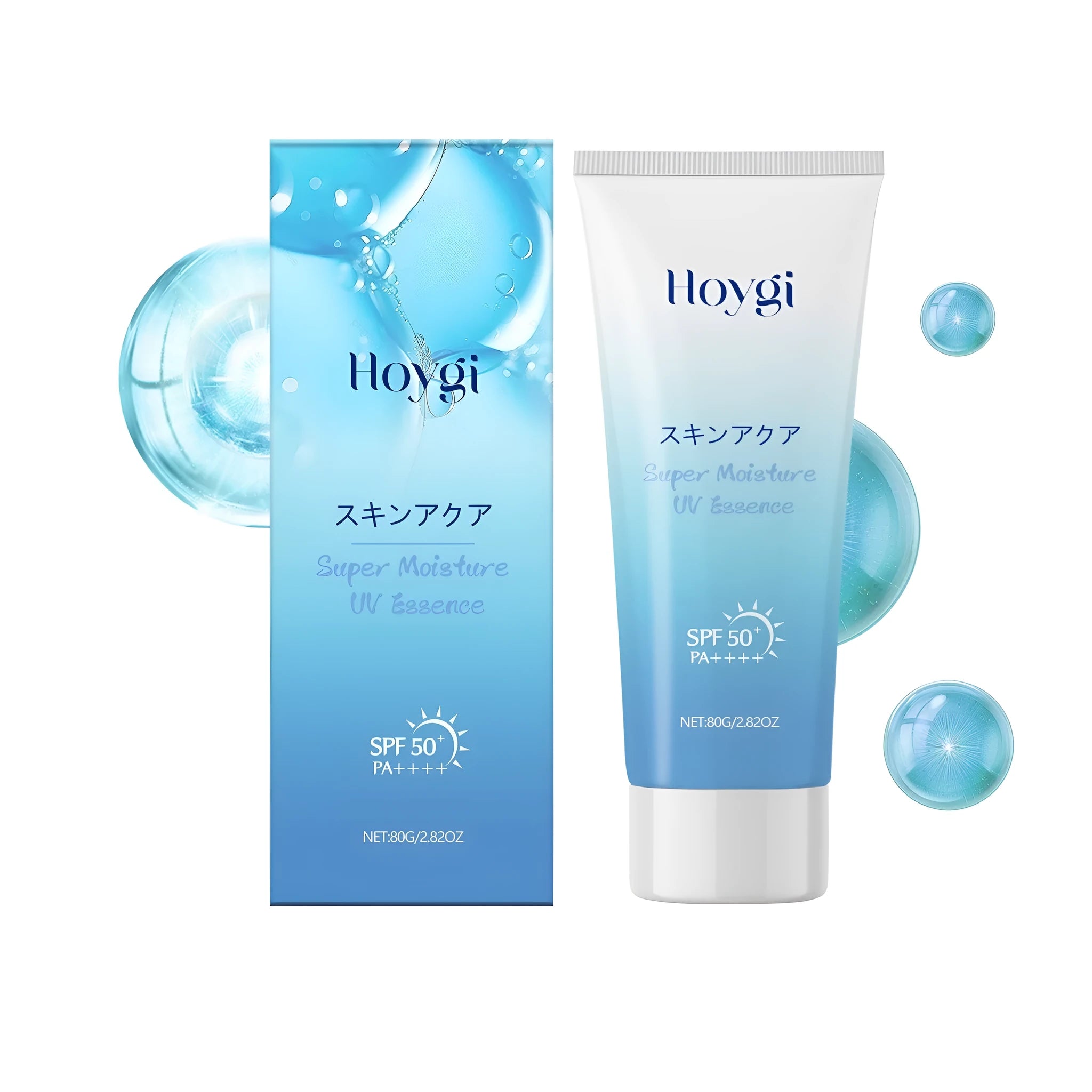 Front view of an 80g tube of SPF50+ moisturising sunscreen lotion with hyaluronic acid.