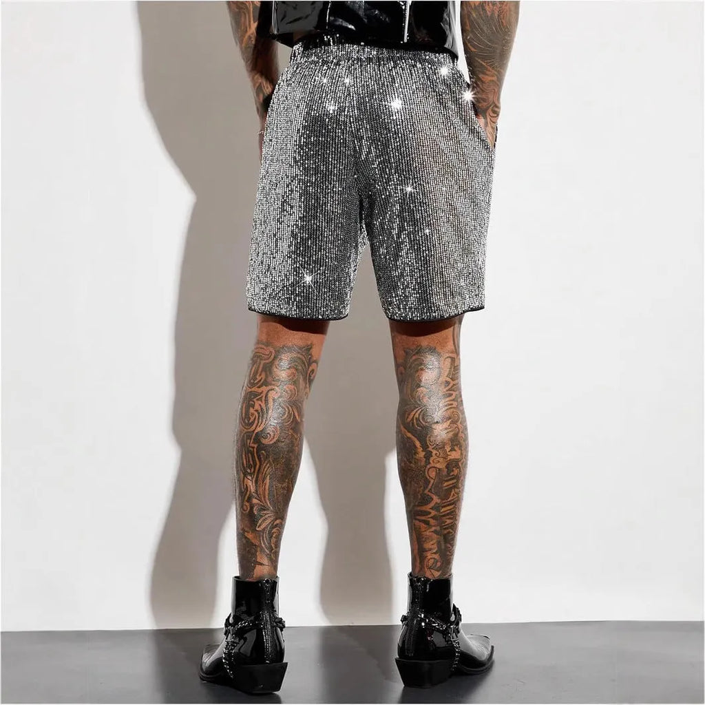 Men's straight-leg shorts with shiny sequin embellishments in silver or black, featuring an elastic waistband.