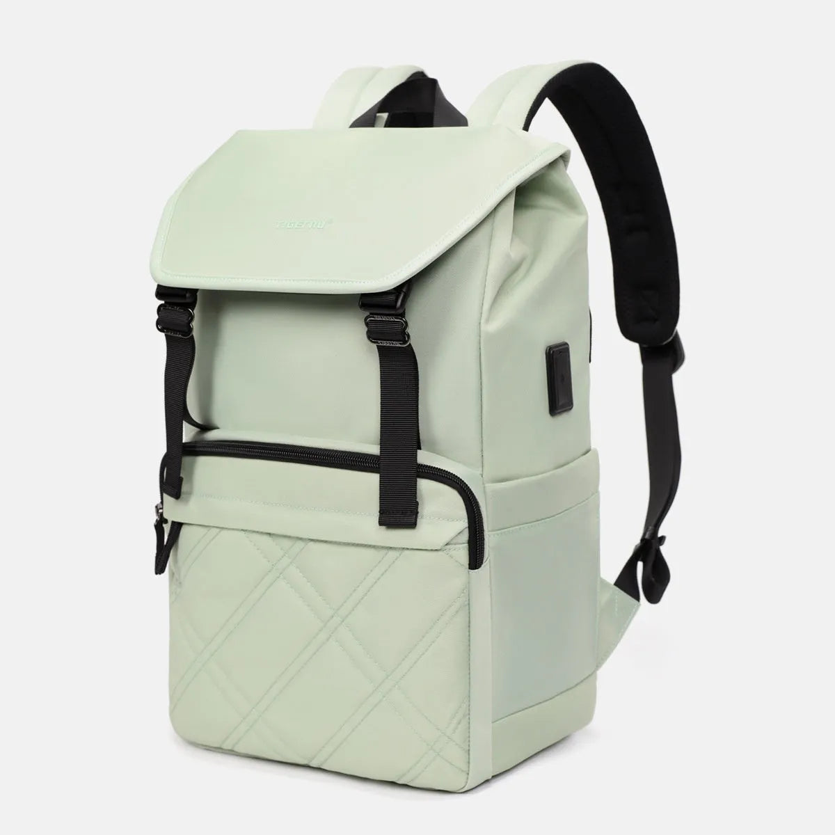 15.6 inch nylon school backpack in light green colour showing laptop compartment and three-dimensional pockets