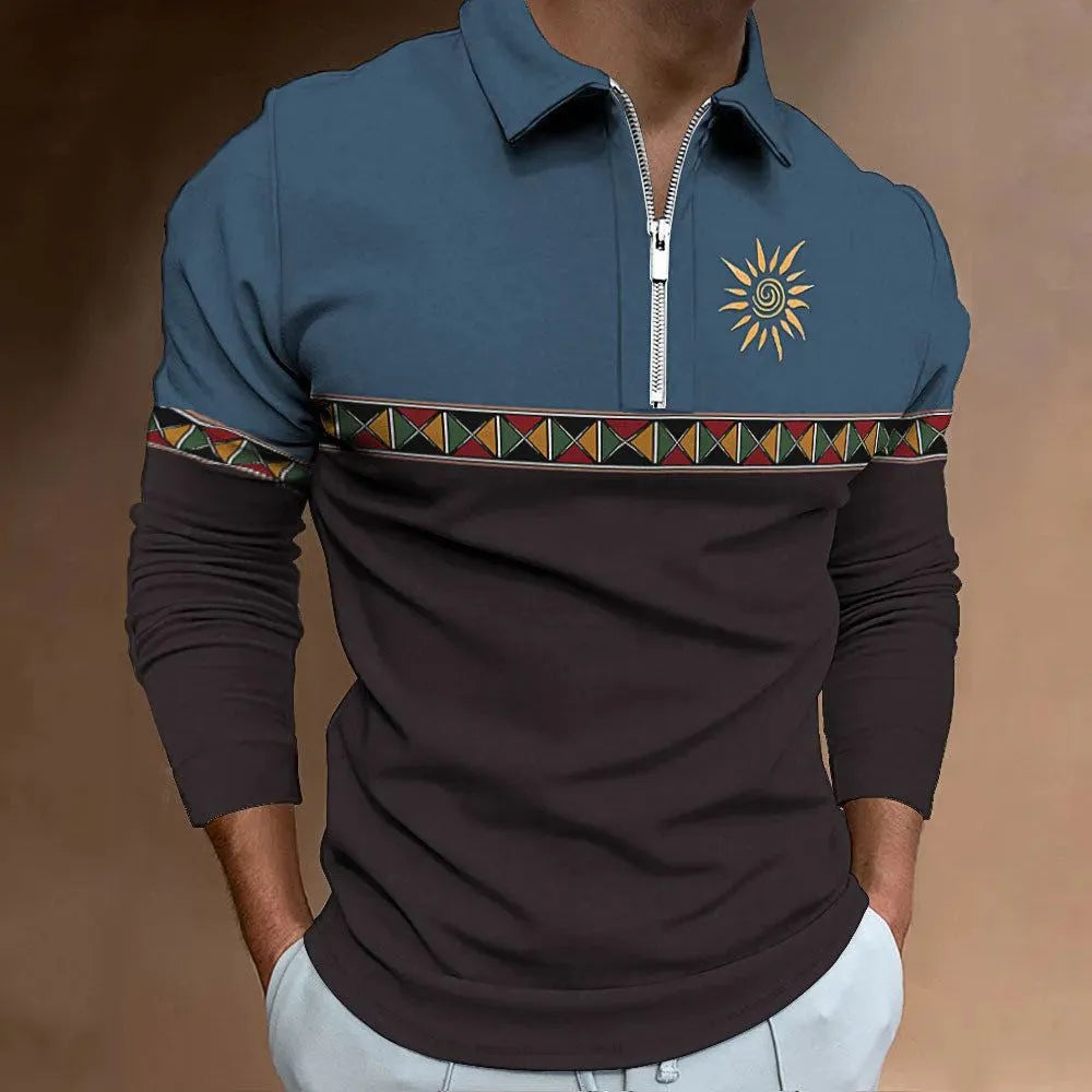 Man wearing a loose-fit, long-sleeve t-shirt with retro colour stripes and zipper decorations.