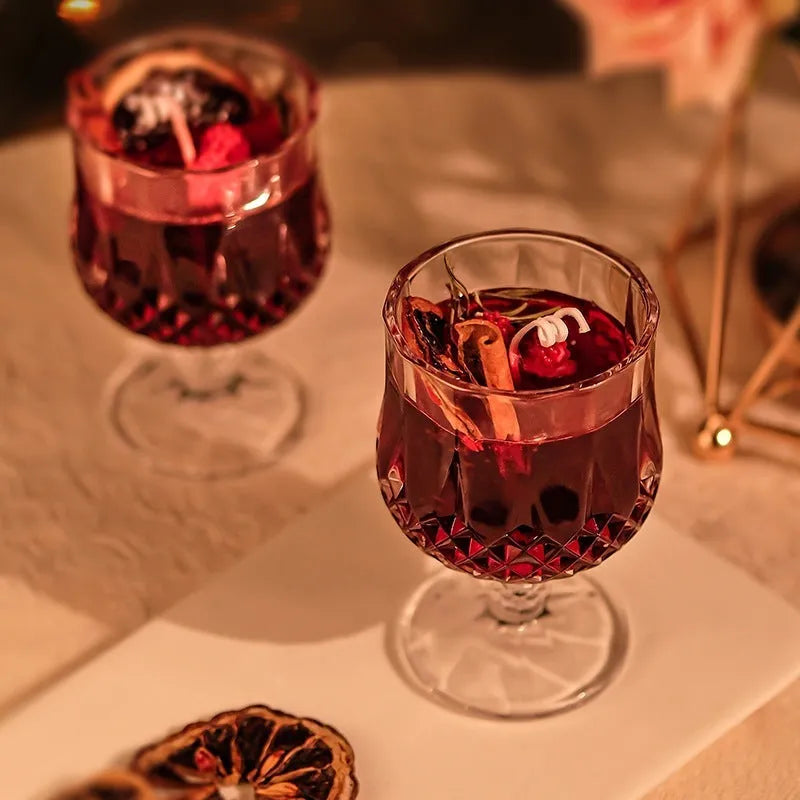 Glass wine goblet containing mulled wine scented candle with crystal jelly wax