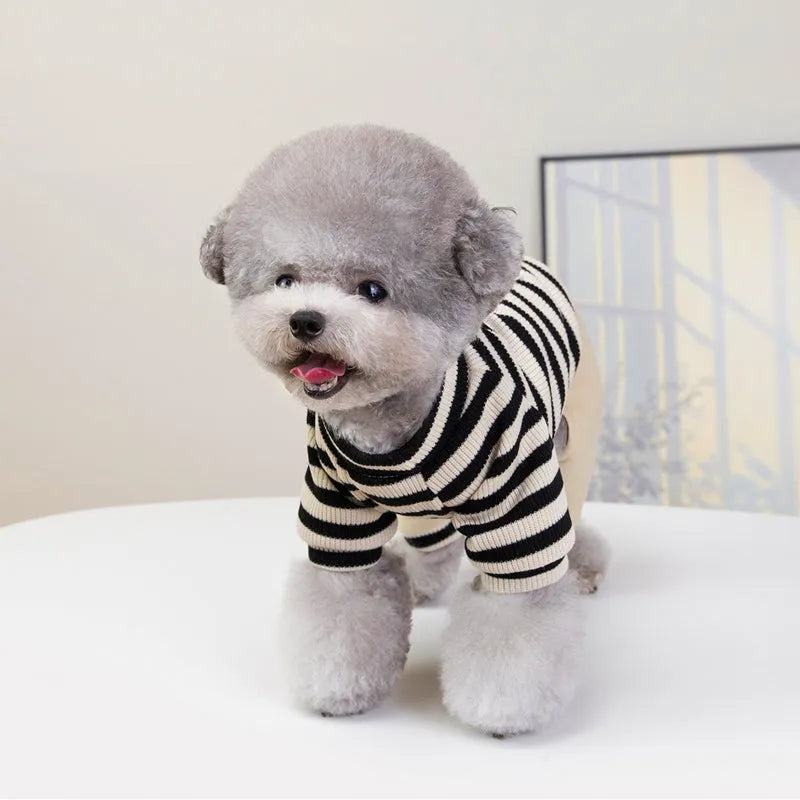 Small medium dog wearing striped four-legged hoodie jumpsuit in black beige colour for autumn winter