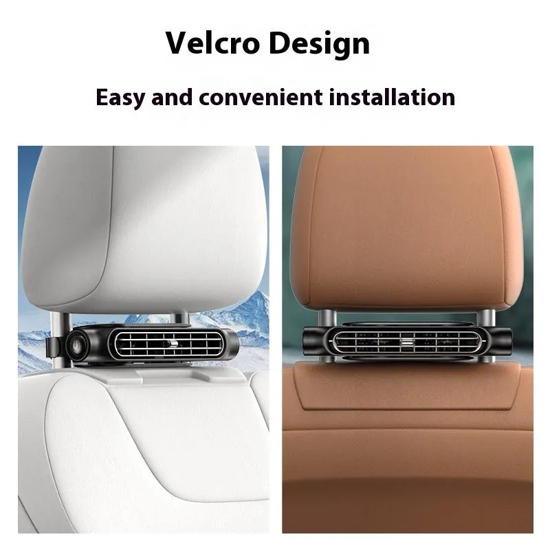 Creative New bladeless car fan with velcro strap mounted on a car seat headrest, showing USB cable.