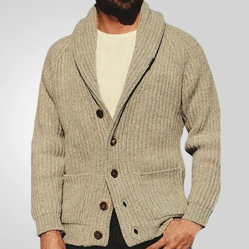 Men's khaki lapel knitting cardigan with front pockets and button closure on a plain background