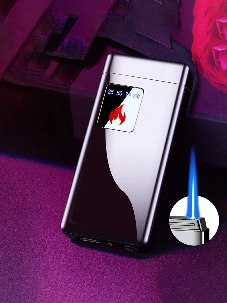 Touch-screen charging electronic lighter in alloy with adjustable flame control.