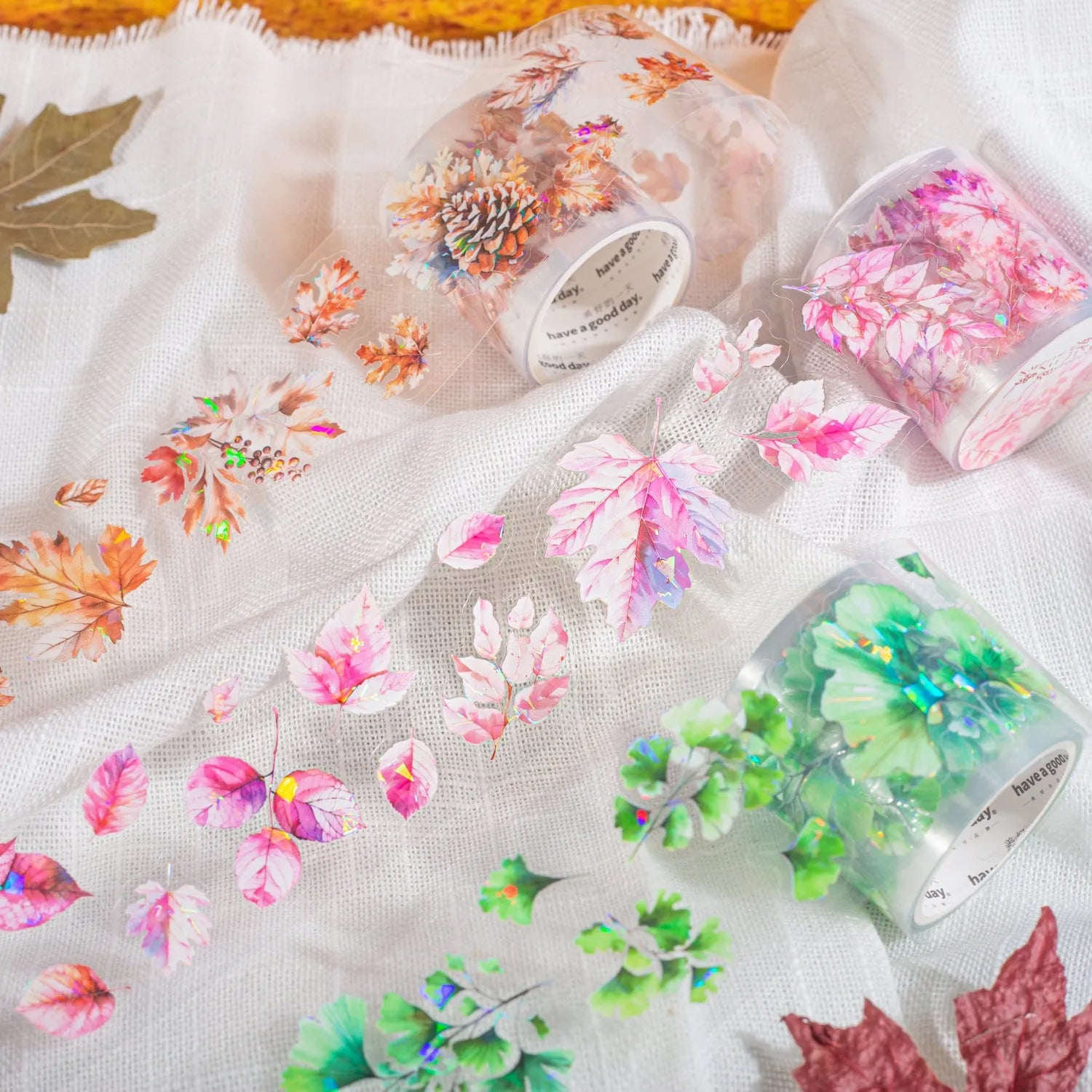 Six rolls of Deciduous Poetry Series decorative stickers showing autumn leaf patterns like ginkgo and maple.