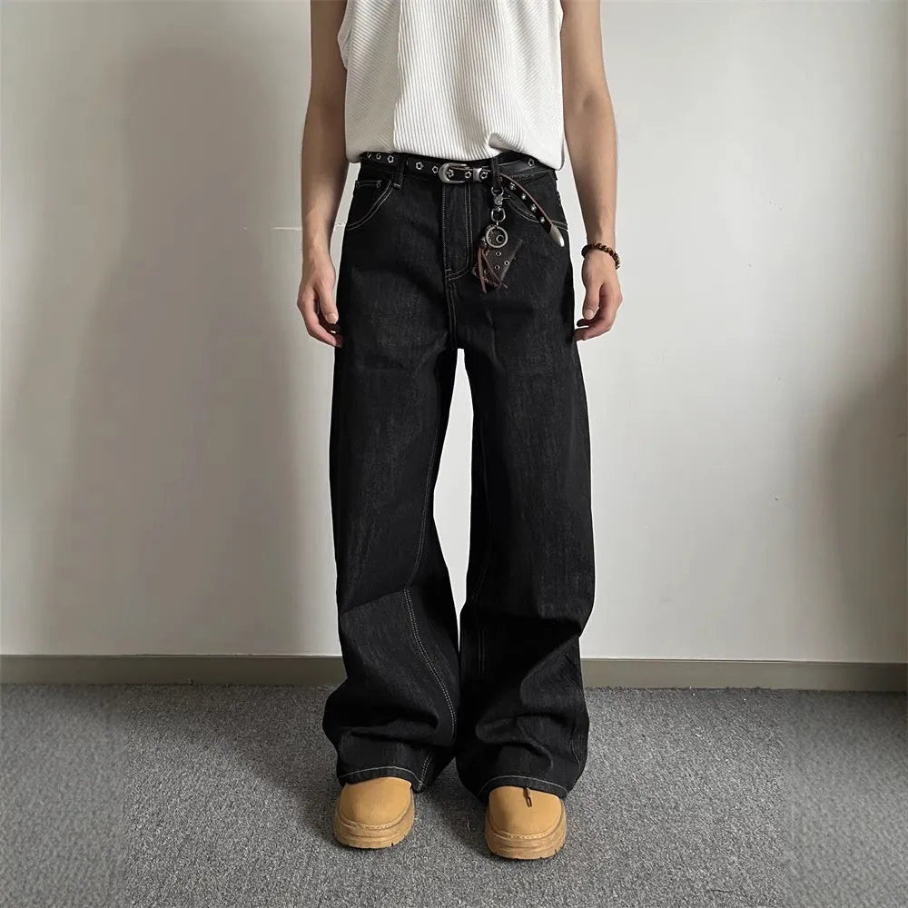 Black retro loose wide-leg jeans with straight-leg cut and zip fly placket