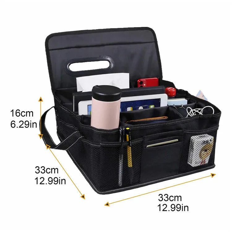 Black Oxford cloth cubic car boot storage box showing dimensions of 33cm wide by 33cm deep by 16cm high.