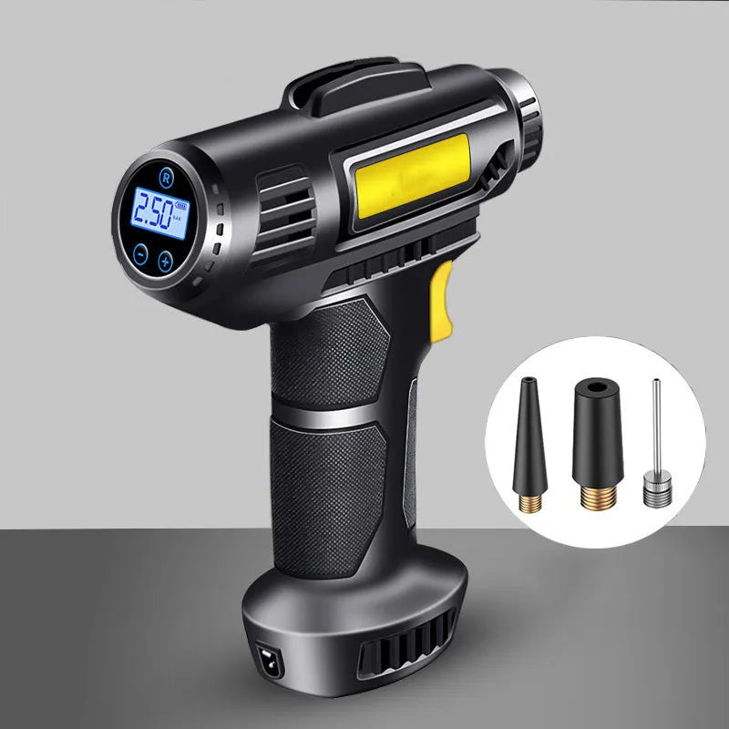 Wireless digital display car tyre pump with USB charging cable and air nozzles