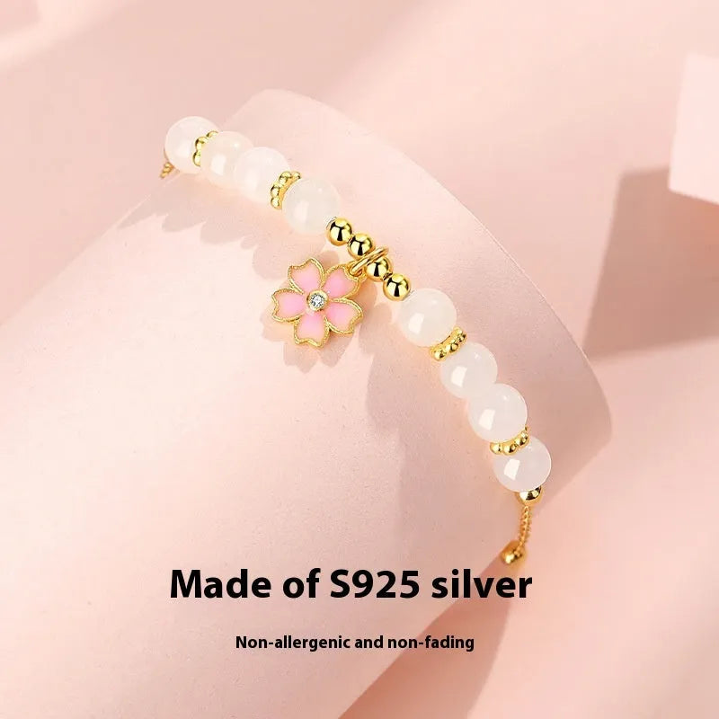 Women's pink bracelet with S925 silver cherry blossom pendant and Hetian jade beads