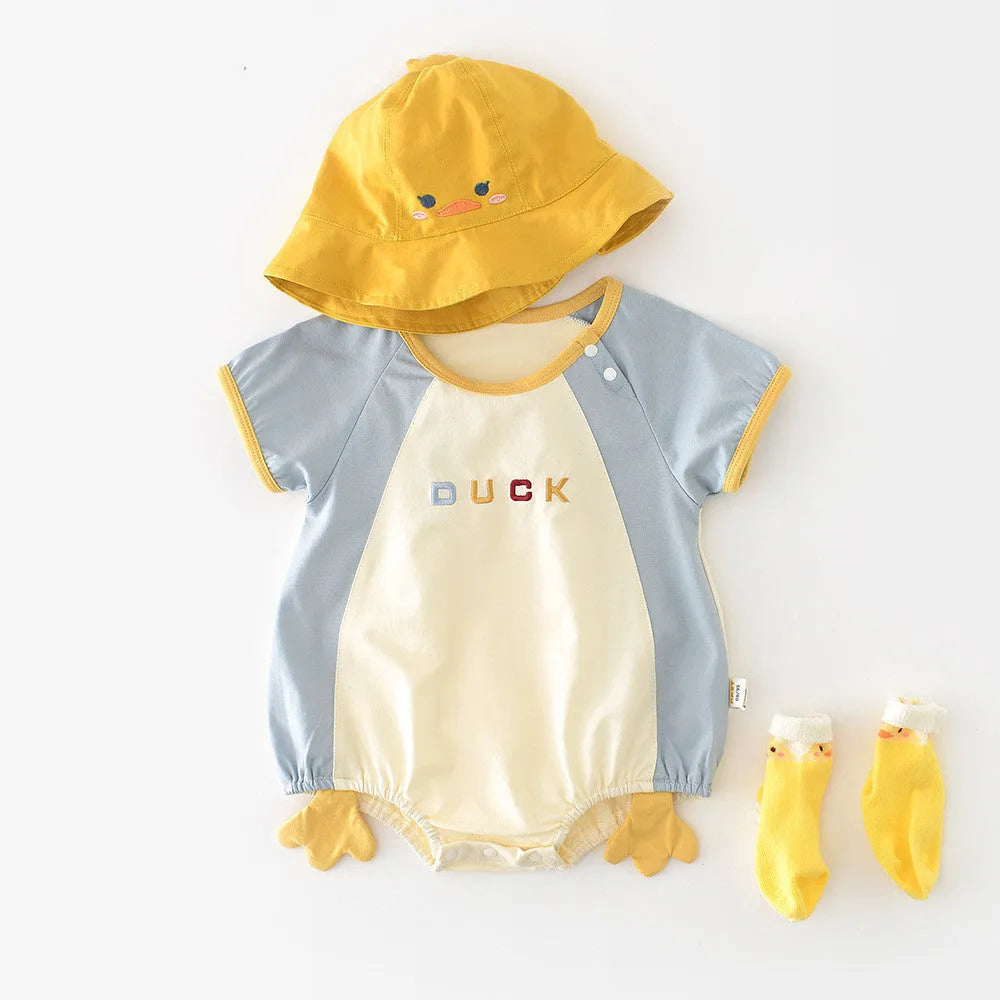 Newborn contrast colour short-sleeved romper triangle jumpsuit cotton blend beige and blue duck