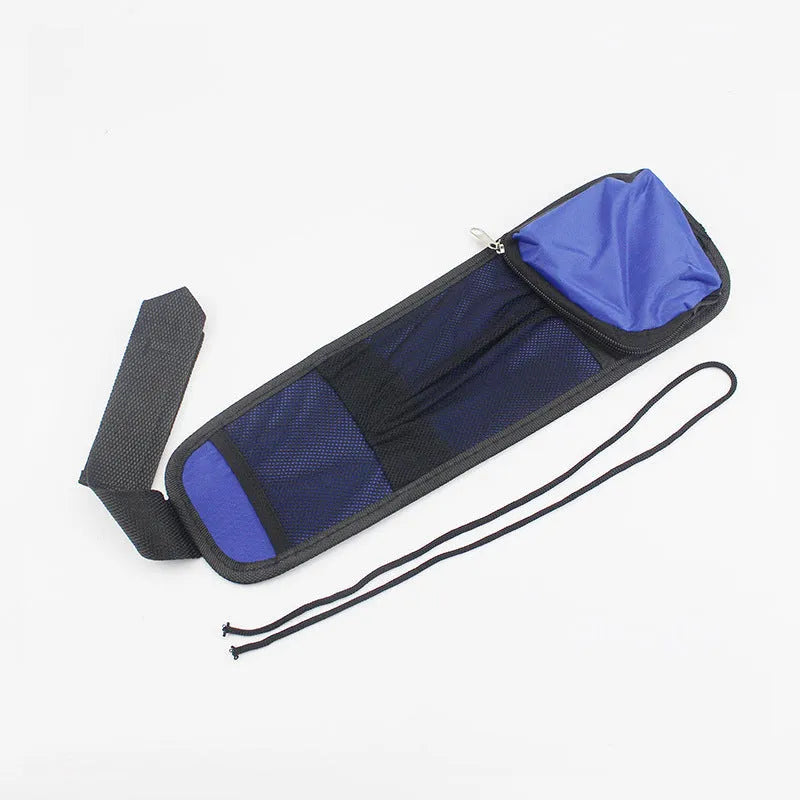 Black nylon car chair side bag with compartments for drinks and phone, attached to vehicle seat