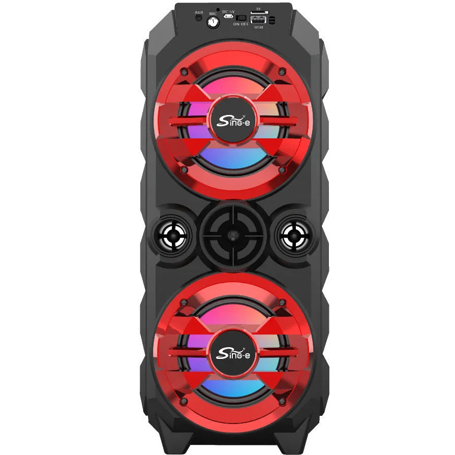 Portable Bluetooth speaker with colour light display and pull rod handle in blue plastic casing