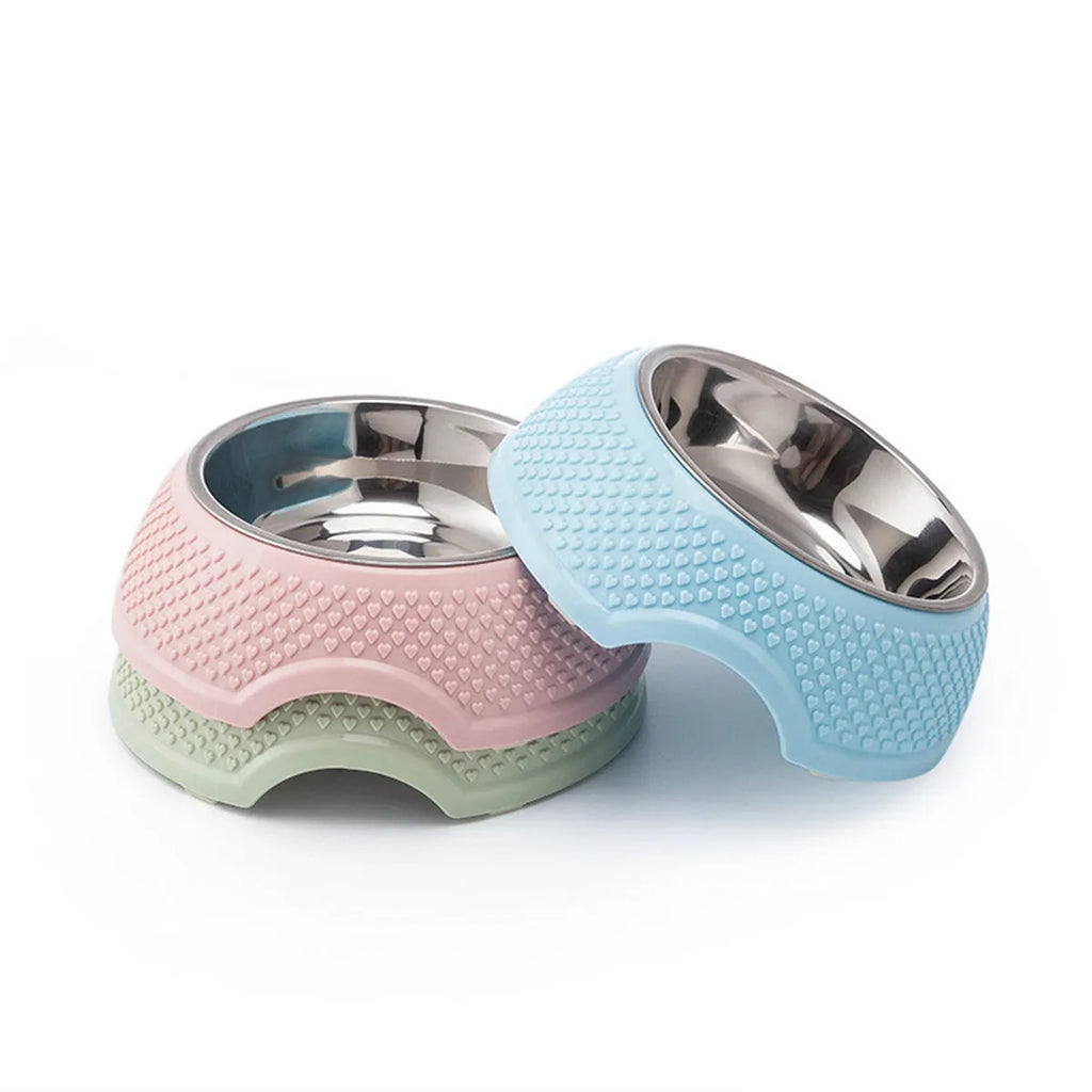 Stainless steel pet bowl with non-slip base in blue, green or pink for cats and dogs