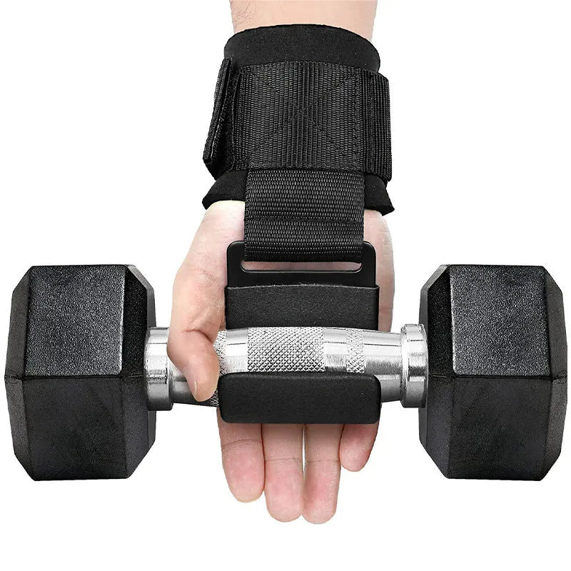 Black fitness wrist brace with hook for pull-up assistance on horizontal bar
