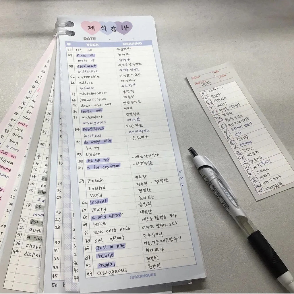 Vertical B5 half learning notepad in blue cover showing double-sided printable paper.