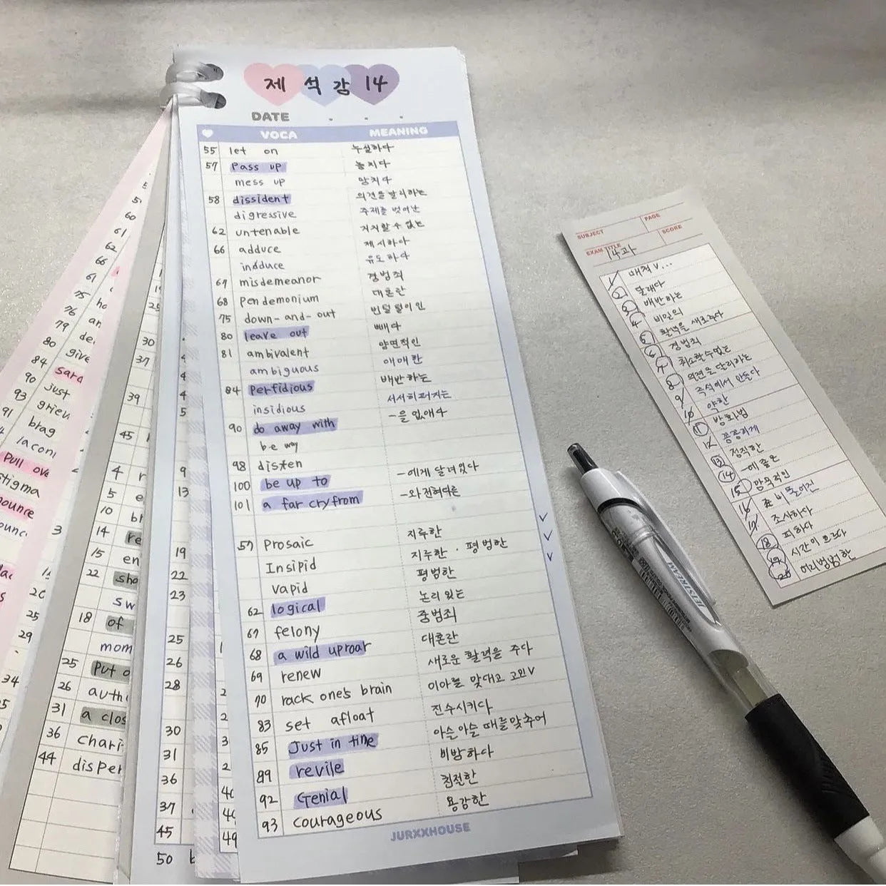 Vertical B5 half learning notepad in blue cover showing double-sided printable paper.