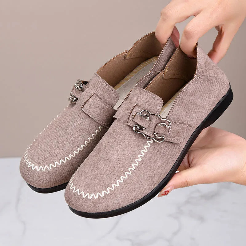 Soft bottom slip-on pumps for women breathable flat heel walking shoes L77 Brown colour